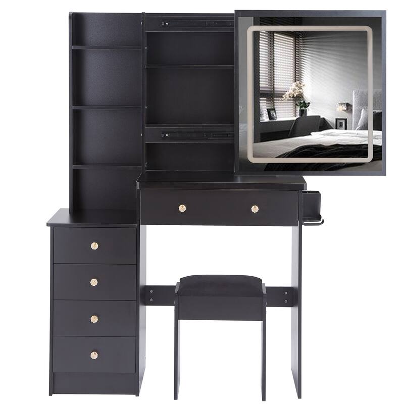 37" Middle Size Left Bedside Cabinet Vanity Table + Cushioned Stool Dresser Set, 2 AC+2 USB Socket, Hair Dryer Stand