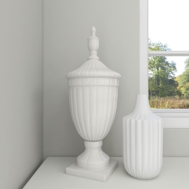 White Ceramic Tall Fluted Urn Living Room Decorative Jars with Grooves and Lid