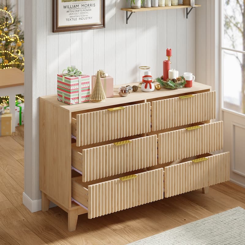 EROMMY Fluted Dresser 6 Drawer Mid Century Modern Dresser Wide Chest of Drawers with Metal Handles for Bedroom Living Room
