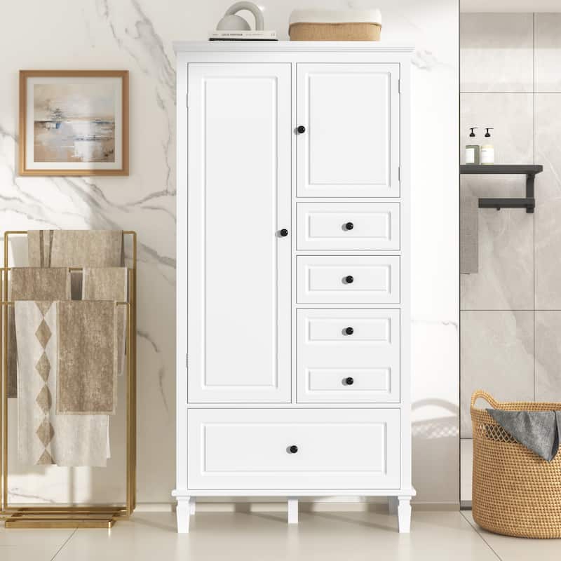 Tall and Wide Storage Cabinet with Doors for Bathroom/Living Room, Four Drawers of Different Sizes, Adjustable Shelves