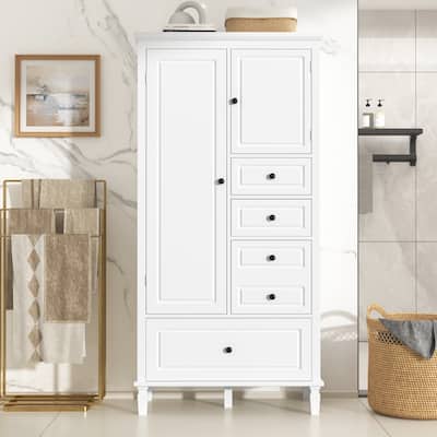 White Pine Wood Tall Storage Cabinet with 4 Different Sizes Drawers, Adjustable Shelves and Anti-Tipping Feature, Multi-Room Use