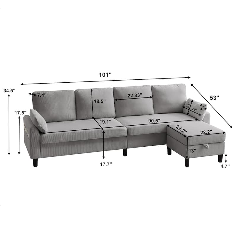 100.79" Corduroy L shaped Pillow Top Arm Sofa With Storage Bag