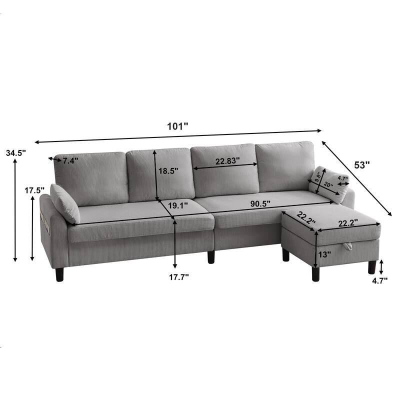 101'' Corduroy Upholstered Sectional Sofa With Storage Ottoman