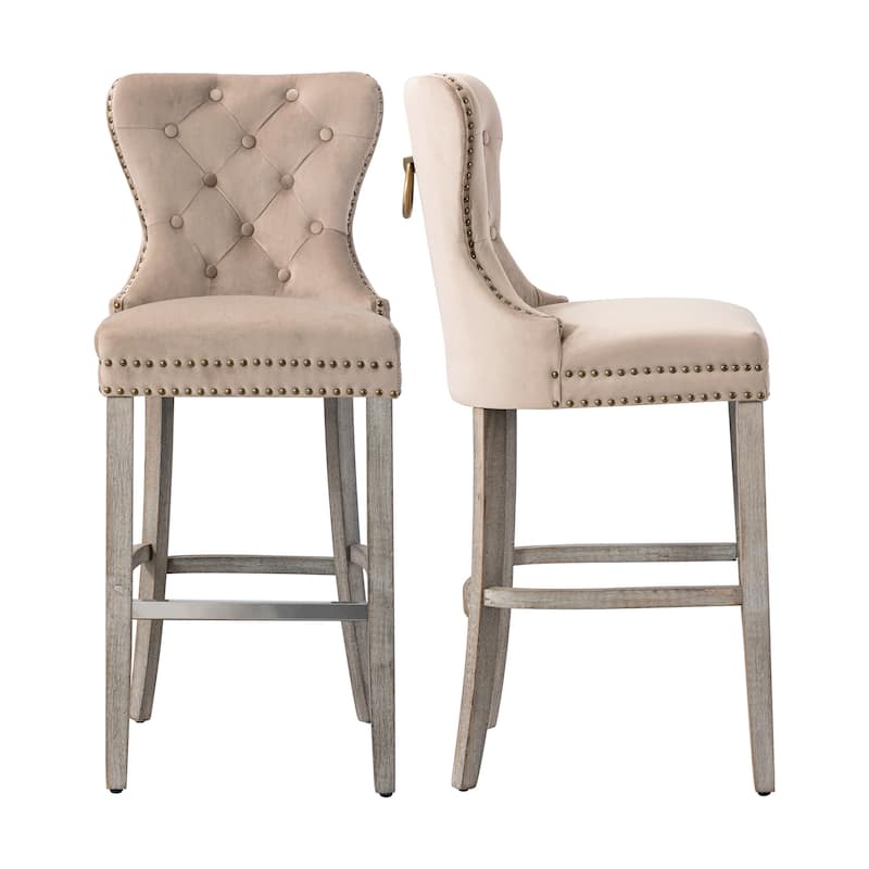 Carter 29" Wingback Tufted Nailhead Bar Stool (Set of 2), Antique Grey Legs