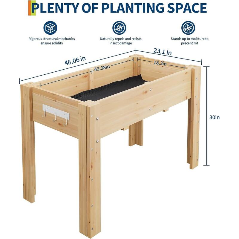 Elevated Wood Planter Box, with Hooks & Non-Woven Liner