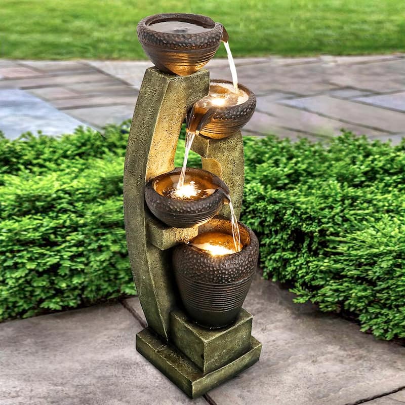 4-crock Resin Outdoor Garden Fountain with LEDs