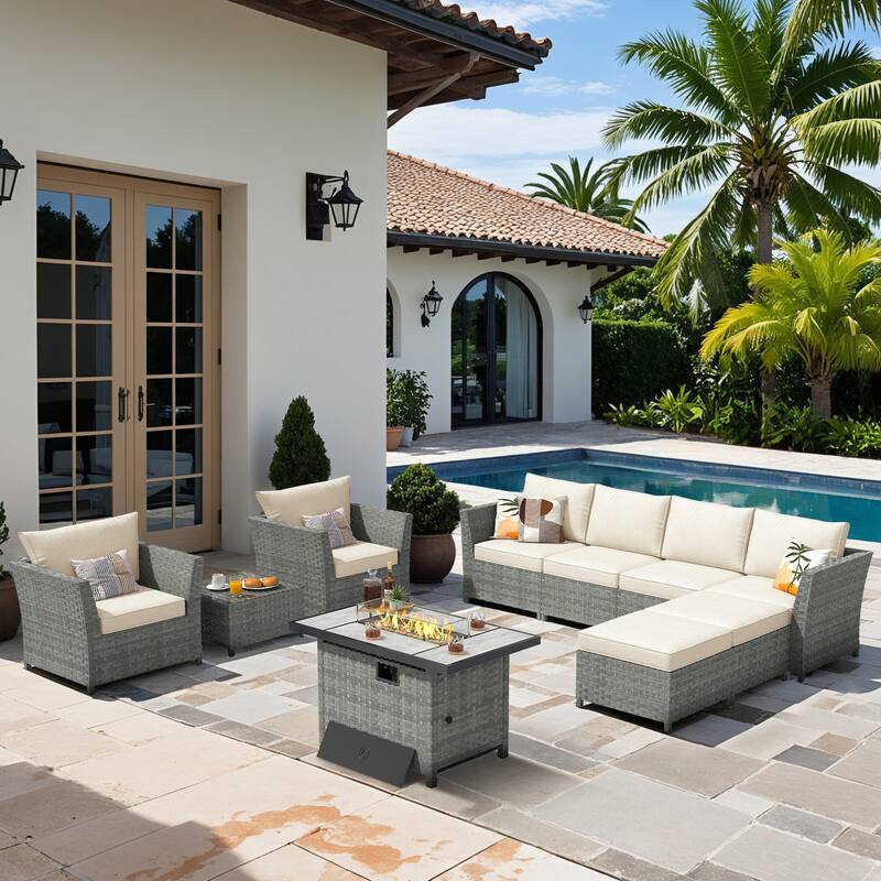 XIZZI 10-piece Outdoor Furniture Rattan Wicker Sectional Sofa with Fire Pit - Ivory