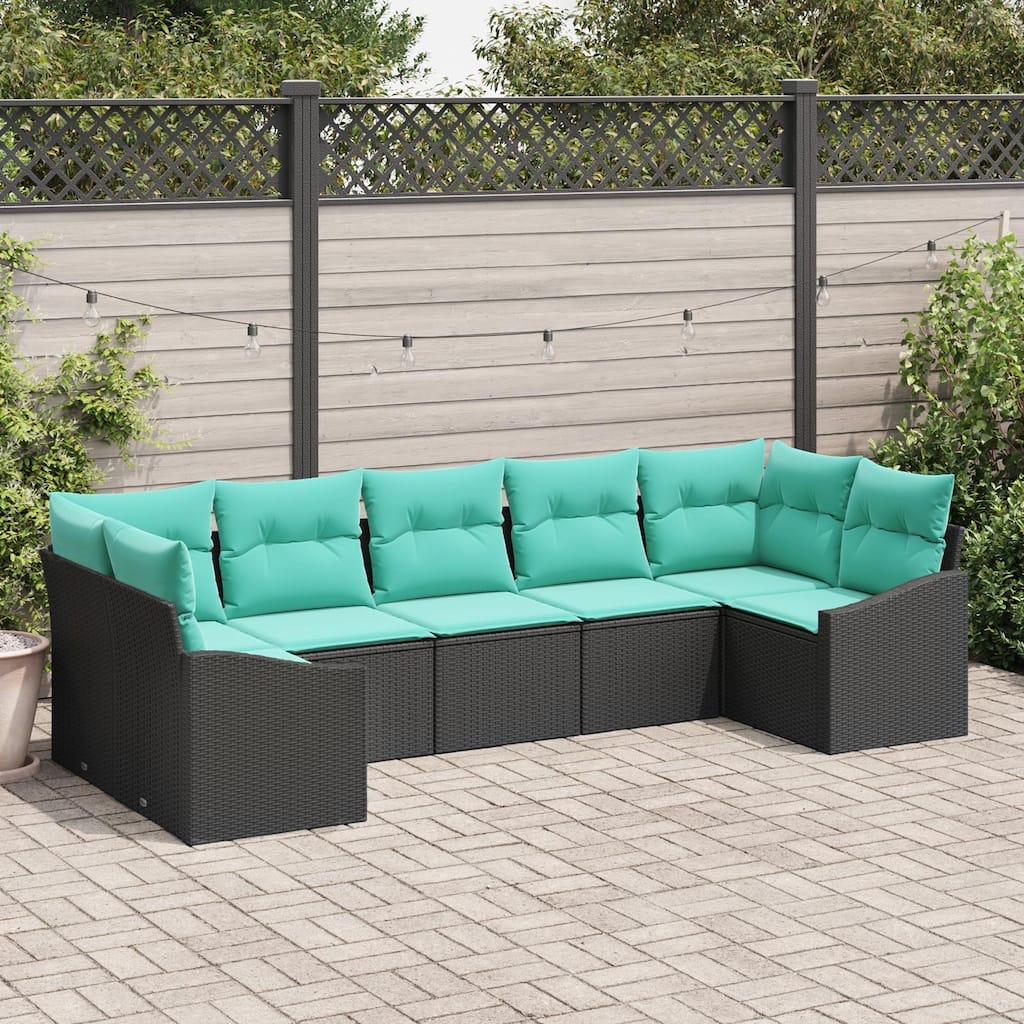vidaXL 7 Garden Sofa Set with Cushions Black Poly Rattan - 113.8 x 48.6 x 27.2