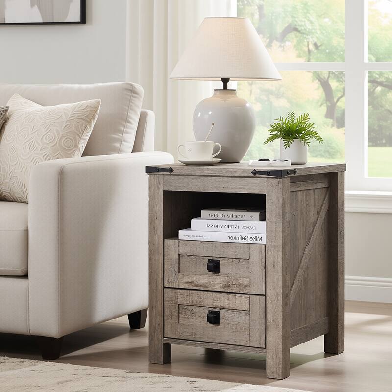 Modern Side Table with Charging Station, Nightstand, End Table - Grey