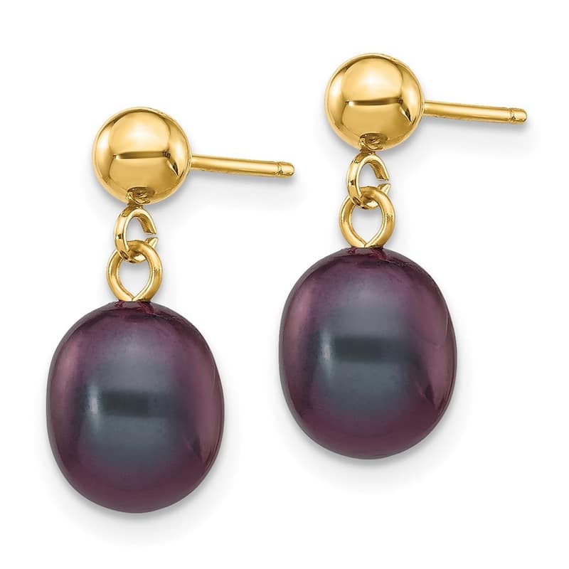 Curata 14k Yellow Gold 7-7.5mm Black Freshwater Cultured Pearl Dangle Earrings 16x7.5mm