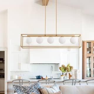 Modern Gold 5-Light Rectangle Metal Frame Kitchen Island Chandelier with Globe Glass Shades