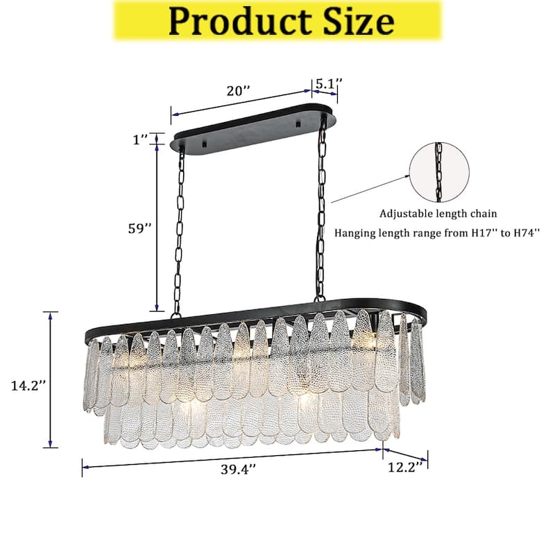 CraftHome 5-Light 39'' Matte Black Rectangle Elegant Vintage Textured Glass Chandelier Art Glass For Ktichen Island - W39''