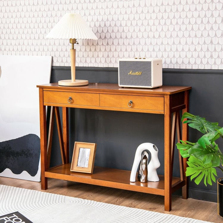 Console Table with 2 Drawer Storage Shelf for Entryway Hallway - 42" x 14" x 31" (L x W x H) - Cherry