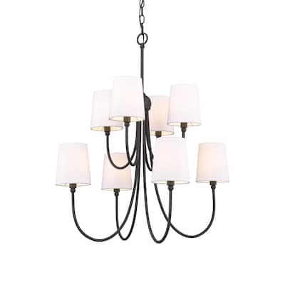 8 Light Large Rustic 26"W x 31"H with Shades Two-tier Chandelier in Forged Black