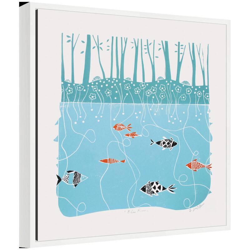 Kate and Laurel Sylvie Coastal Blue River Linocut Framed Canvas by Giuliana Lazzerini - 22x22