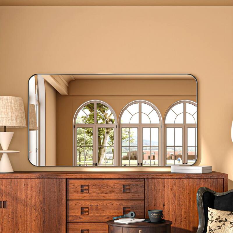 Organnice Rectangular Aluminum Framed Modern Rounded Wall Mount Mirror