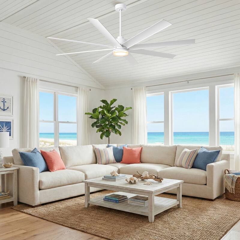 72" Modern White Large Smart Ceiling Fan with Light and Remote, App Control, Voice Control