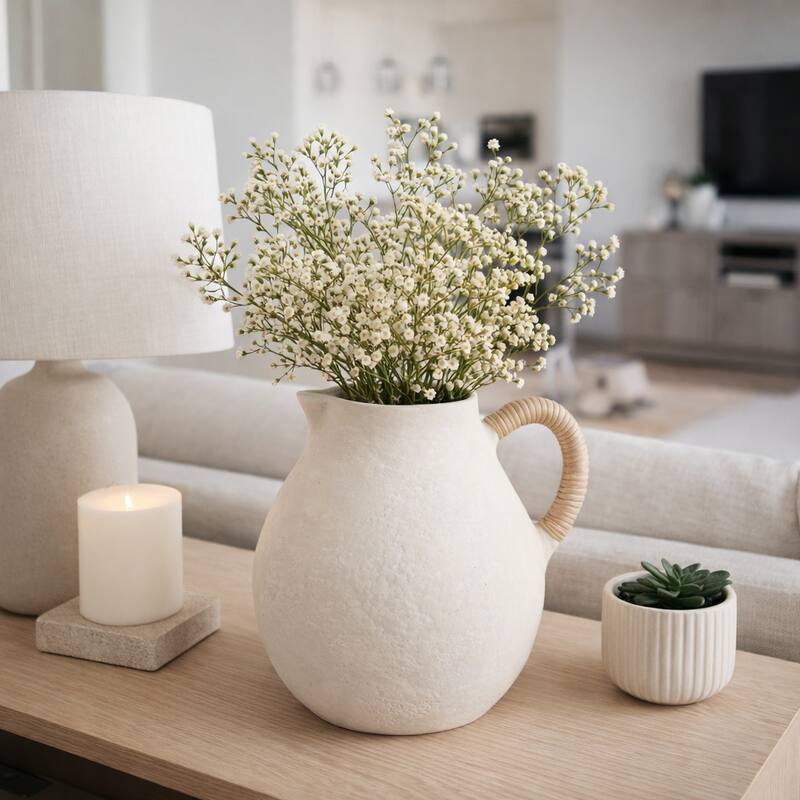 Pottery Vase with Woven Rattan Handle - Tall Flower Vase - 12.0"