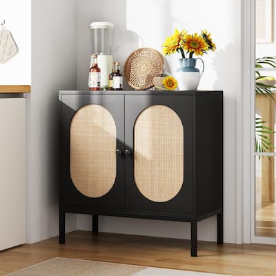 Rattan Buffet Cabinet with Natural Rattan Doors, Sideboard Storage Cabinet with Adjustable Shelf