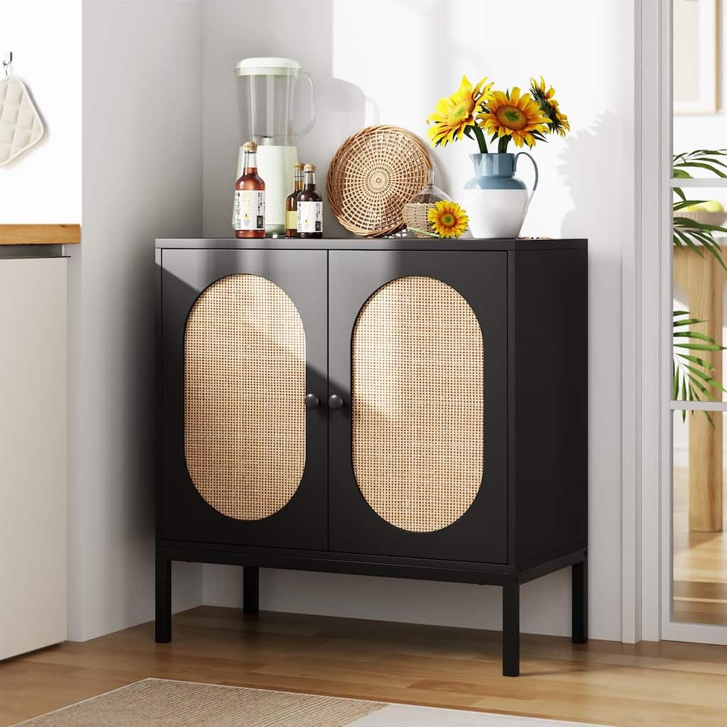 Rattan Buffet Cabinet with Natural Rattan Doors, Sideboard Storage Cabinet with Adjustable Shelf