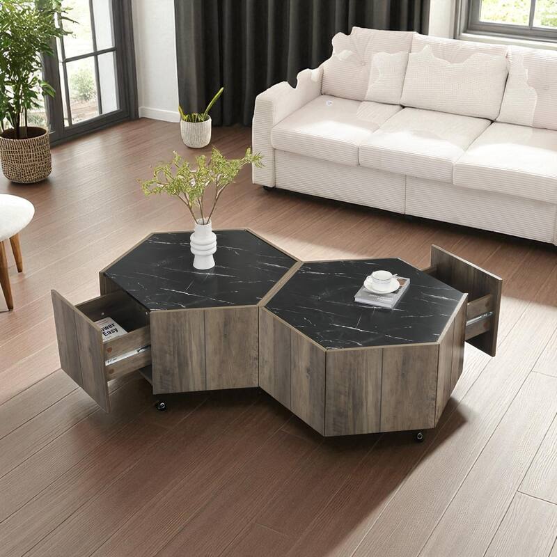 Hexagonal Rustic Coffee Table with Textured Marble Top, 2 Hidden Drawers, Light Brown Oak Finish, MDF