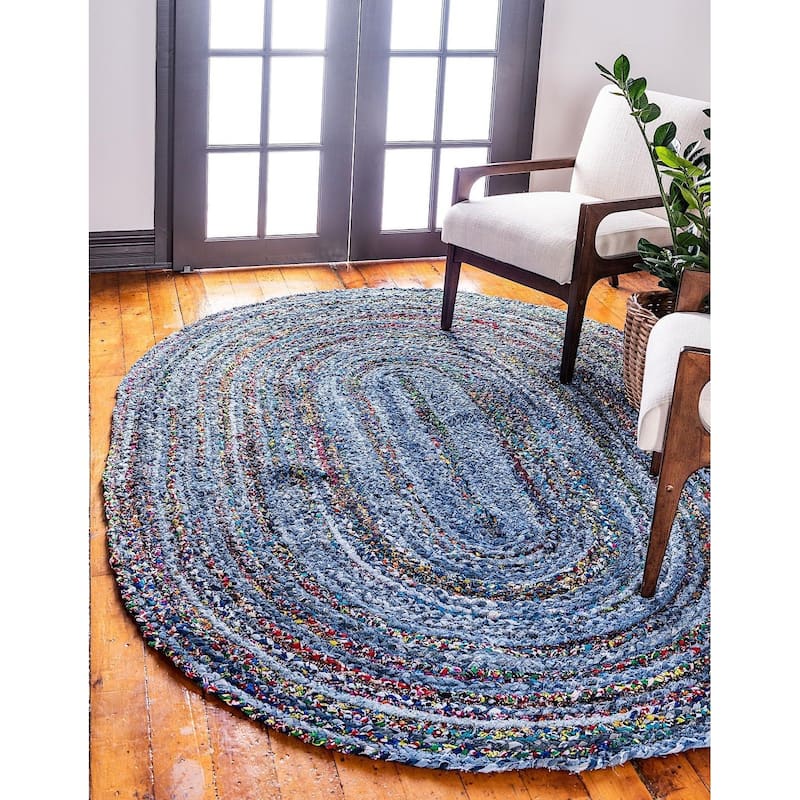 Braided Slin Collection Area Rug - 3'3"x5' Oval - Black-Blue