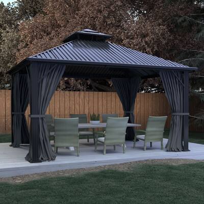 VEIKOUS Aluminum Double Hardtop Gazebo with Grey Curtains