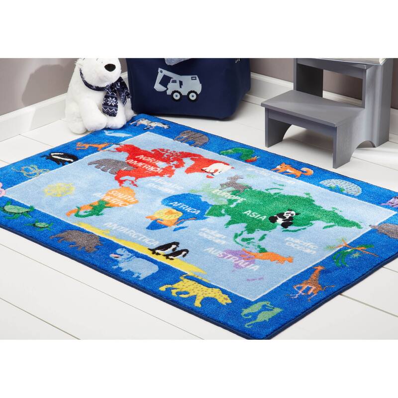 Eric Carle Elementary World Map Machine Washable Kids Area Rug