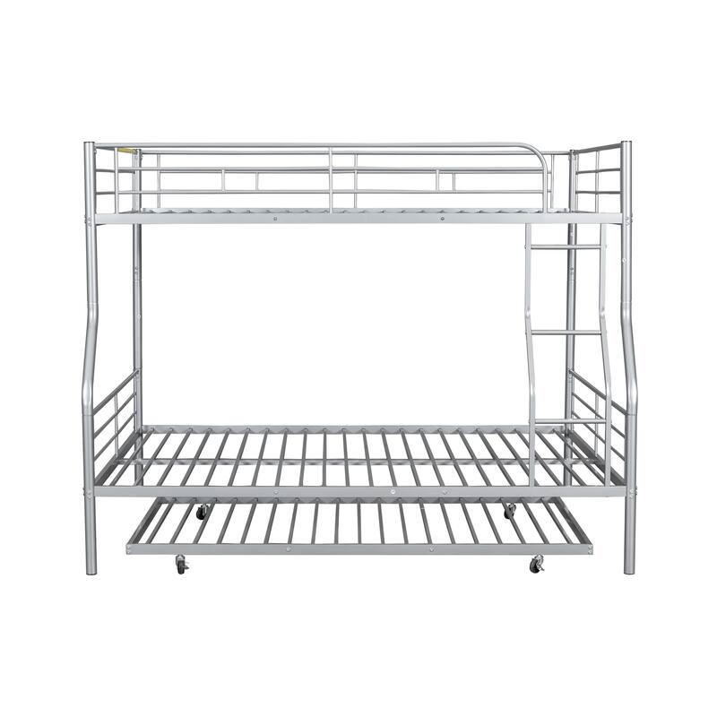 Metal Bunk Bed with Trundle and Guardrail, Convertible to Two Beds