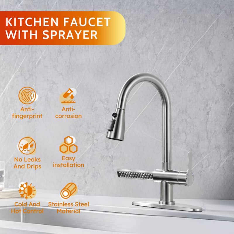 WOWOW Three Function Pull Down Kitchen Faucet with Additional Spout