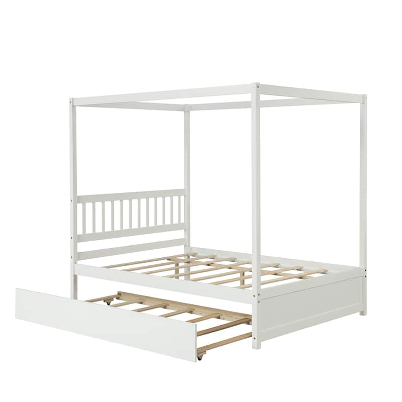 Full Size Canopy Bed with Twin Trundle,Kids Solid Wood Platform Bed Frame Headboard,No Box Spring Needed
