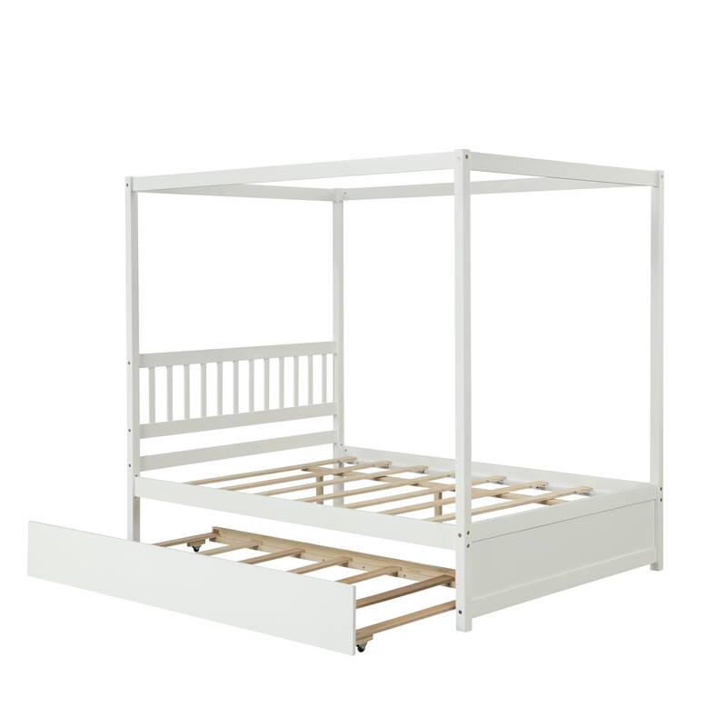 Wooden House Bed with Trundle, Roof Design, and Full Mattress Support