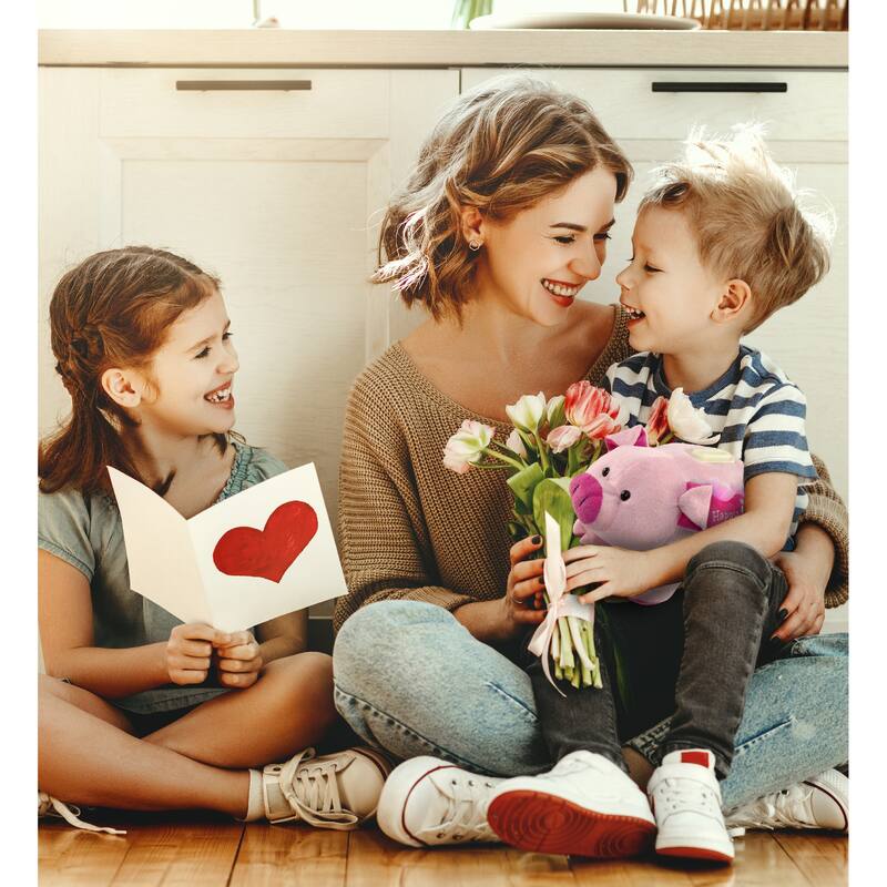 DolliBu Happy Mother’s Day Super Soft Pig Plush Bank with Pink Heart - 9 inches