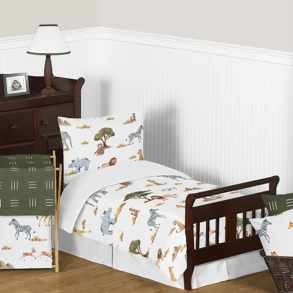 slide 2 of 6, Jungle Animals 5pc Toddler Comforter Set Hunter Green Yellow Grey Black and White Wildlife Safari Elephant Giraffe Lion Monkey