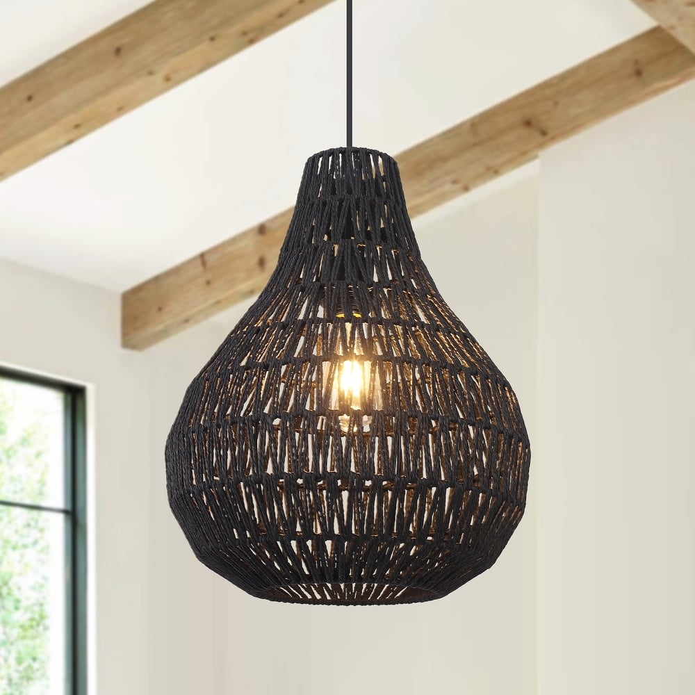 60 -Watt 1-Light Black Shaded Pendant Light with Rattan Gourd Shade, Classic Semi Flush Mount Chandelier for Dining Room