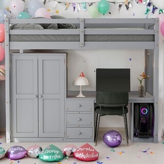 Full Loft Bed with Wardrobe, Desk, and Drawers - Gray
