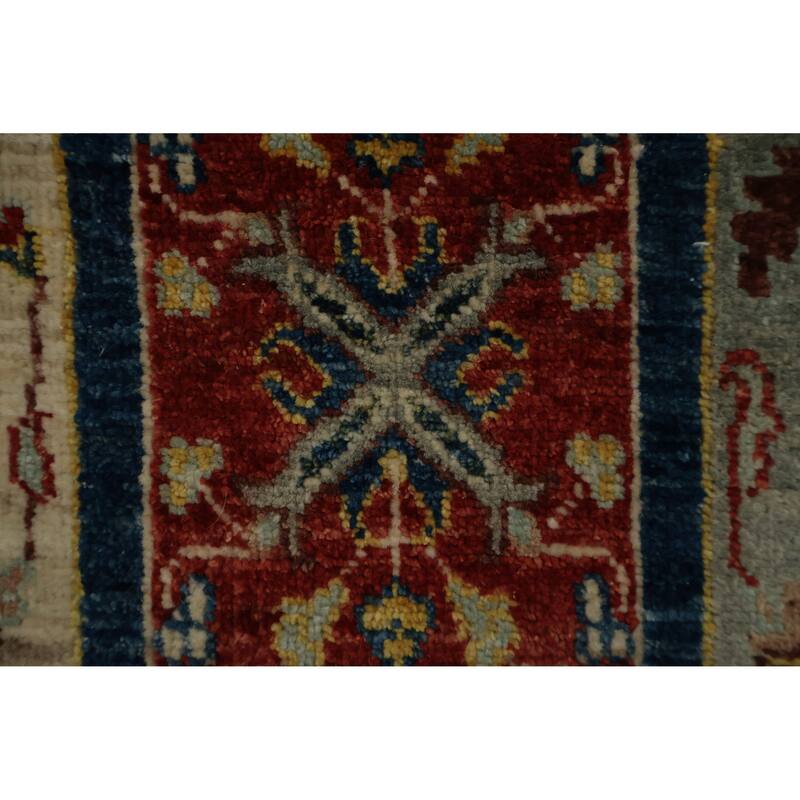 Hand Knotted Oriental 100% Wool Carpet Traditional Geometric Navy Blue & Blues Kazak Runner Rug - 22' 10'' X 2' 8''