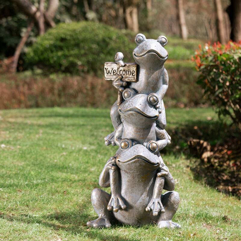 28" H Bronze MgO Lucky Stacked Frogs Garden Statues with "Welcome" Sign Zen-style Coastal-style Sculpture by Glitzhome