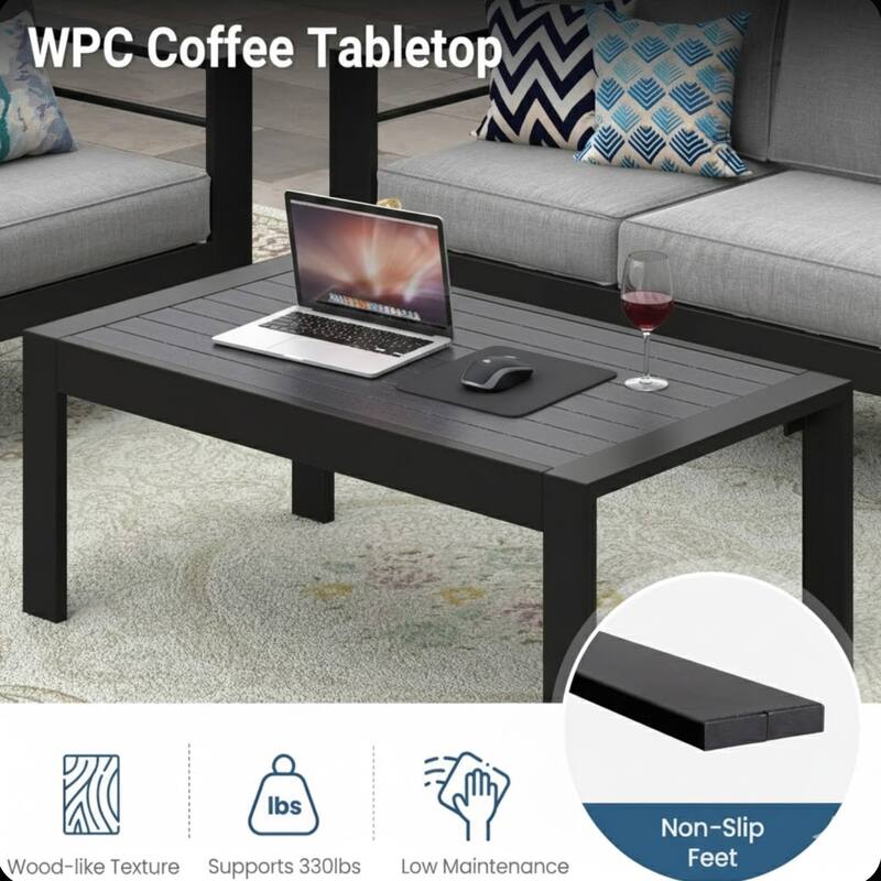 43" Aluminum Patio Coffee Table, Modern Black Rectangle Table