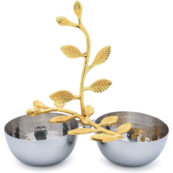 Cheer Collection Shiny Polished Stainless Steel Two Sectional Serving Bowl with Gold Leaf Handle. Opens flyout.
