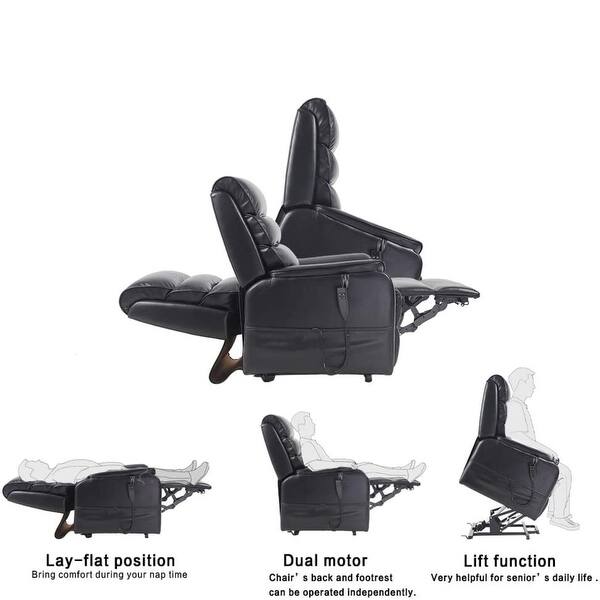 Dual Motor Lays Flat Electric Power Lift Recliner Chair For Elderly Comfortable Black Leather 31 X 36 X 42 Inches Overstock 31451011