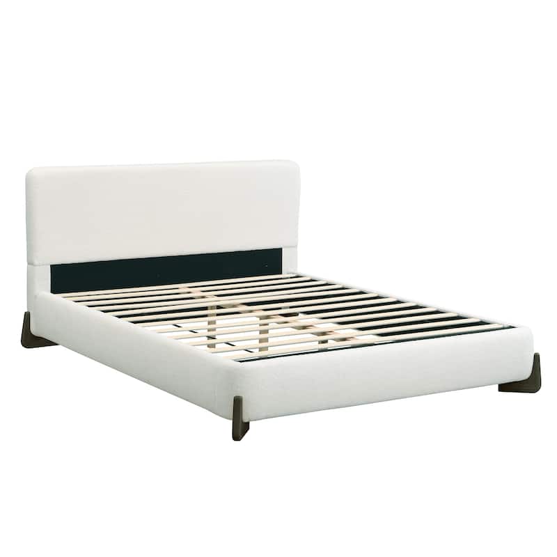 Queen / King Elegant Upholstered Bed with Dark Brown Solid Wood Legs Boucle Fabric - White - Queen