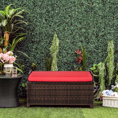 Outsunny PE Rattan Patio Storage Bench with Interior Water-Fighting Cloth Bag & Comfortable White Top Cushion