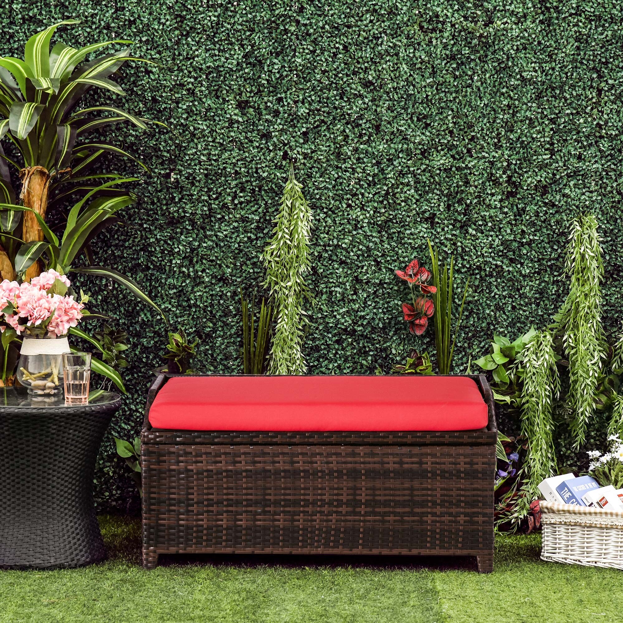 Outsunny PE Rattan Patio Storage Bench with Interior Water-Fighting Cloth Bag & Comfortable White Top Cushion