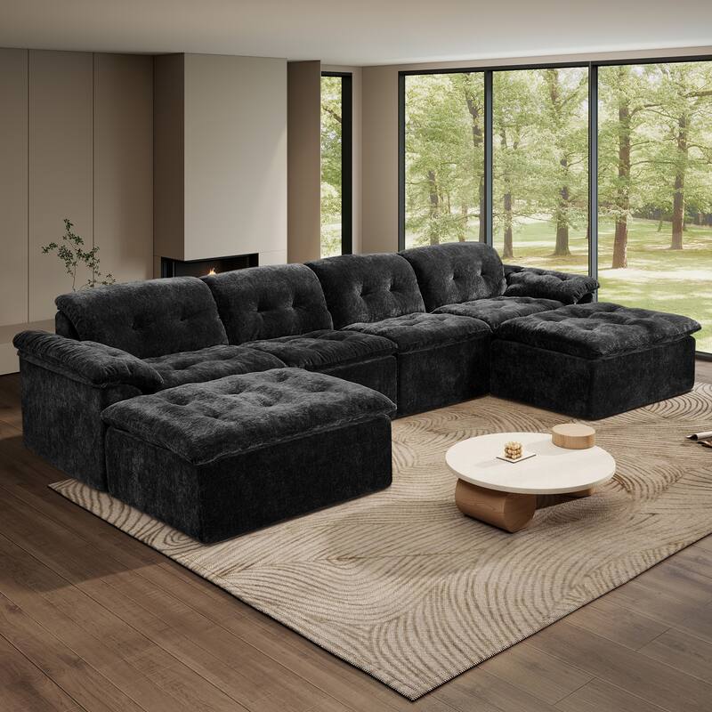 Rossetta 4-Seater Chenille Upholstery Modular Convertible Design Generous Seating Cushioned Sofa with 2 Versatile Ottomans - Black