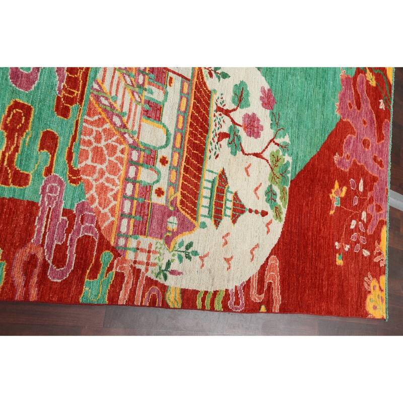 Vegetable Dye Animal Pictorial Art Deco Area Rug Handmade Wool Carpet - 10'3" x 13'7"