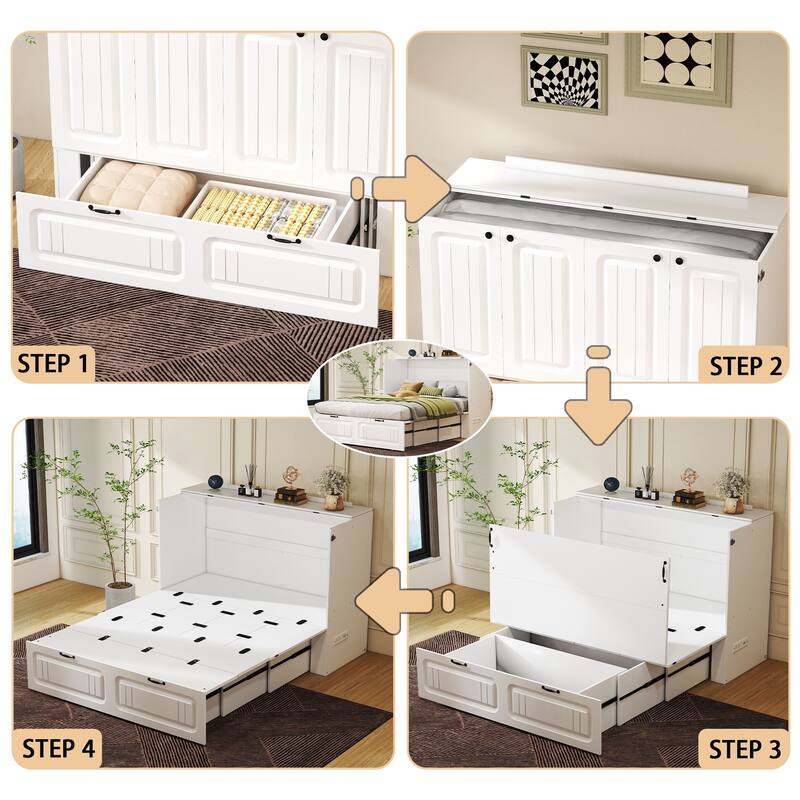 Murphy Bed Full Size with Storage Drawers Space Saving Cabinet Bed with Easy Pull Out Mechanism for Bedroom