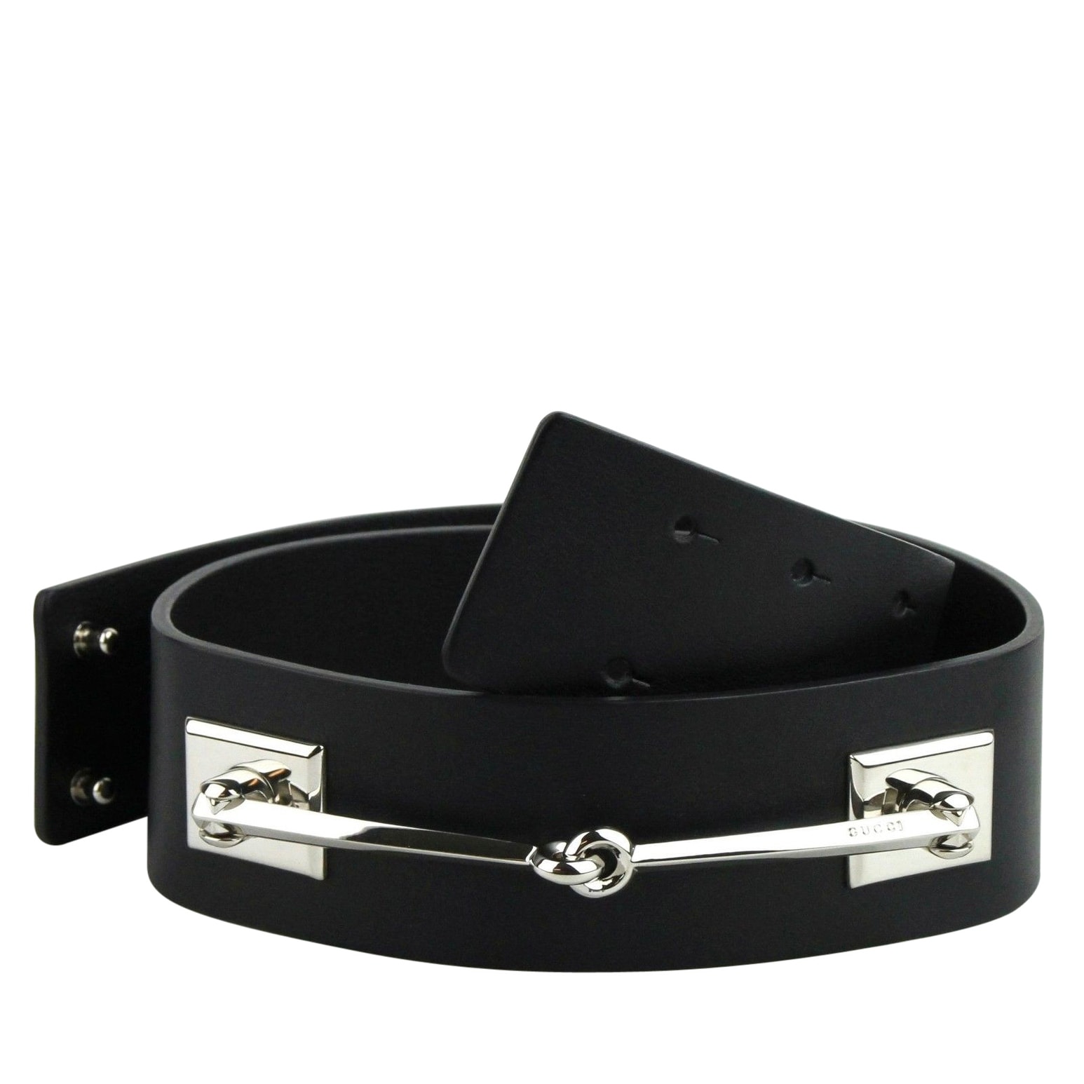 Gucci Women\u0027s Silver Horsebit Black Leather Horsebit Waist Belt 363024 1000 (85 / 34)