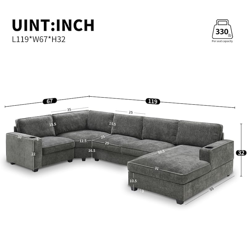 119*67" Chenille Upholstered U-Shaped Corner Sectional Sofa with Oversized Chaise Lounge and Cup holder