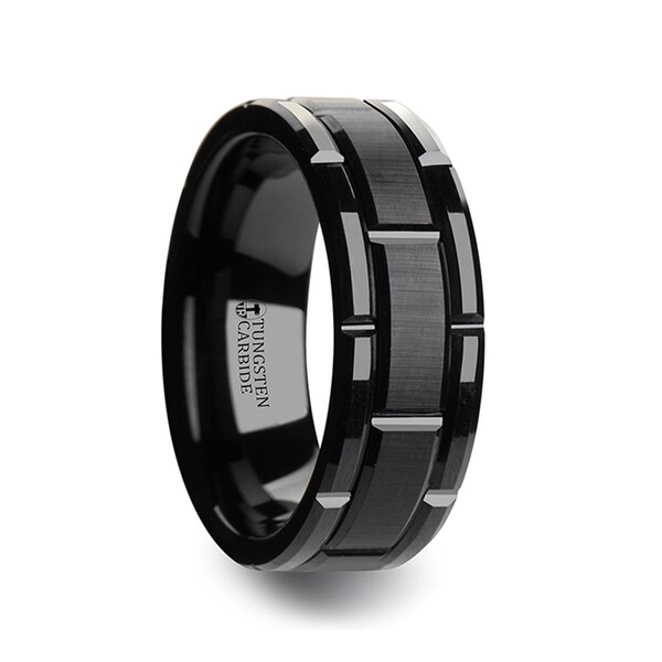 Windsor Beveled Black Tungsten Carbide Wedding Band With Brush Windsor Beveled Black Tungsten Carbide Wedding Band With Brush Finished Center And Alternating Grooves